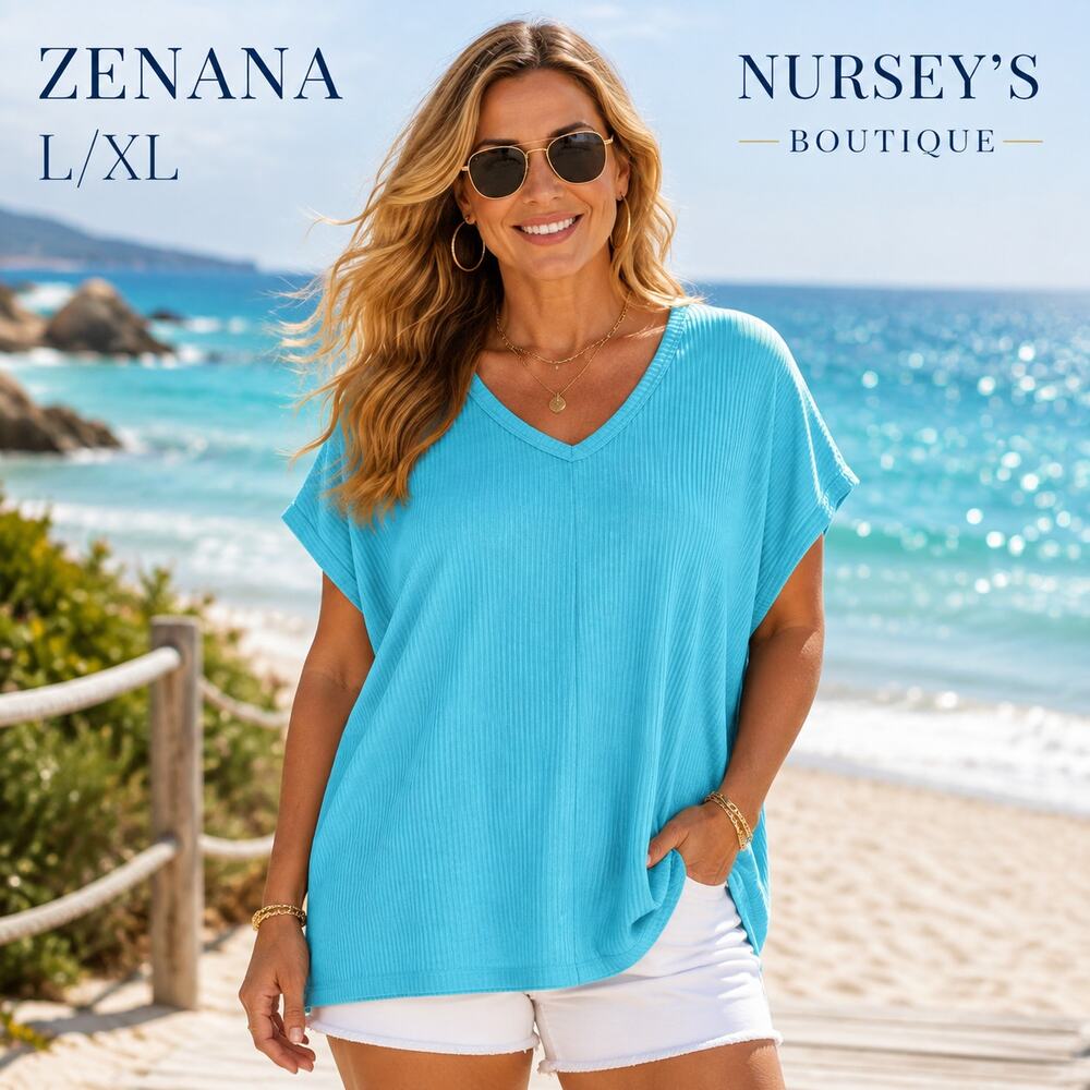 Zenana L/XL Turquoise Ribbed V Neck Oversized Dolman Sweater Top NWOT